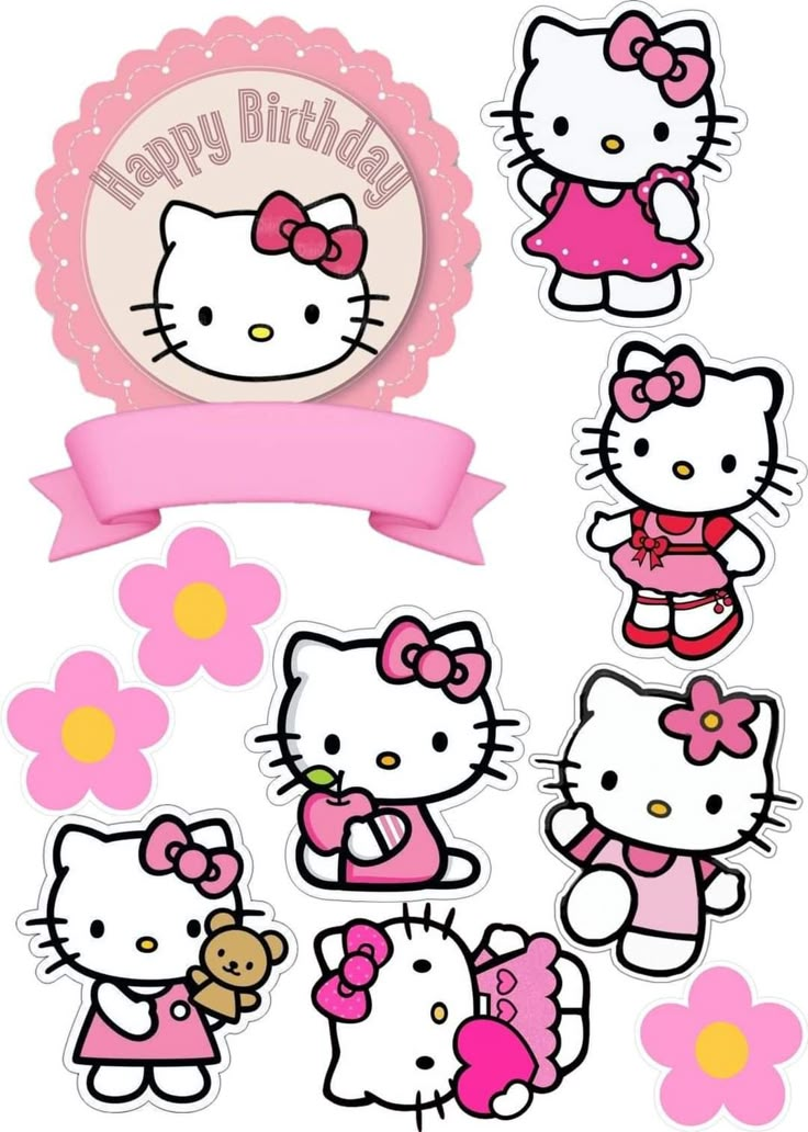 hello kitty birthday party decorations with pink flowers and bows on the side, including an image of