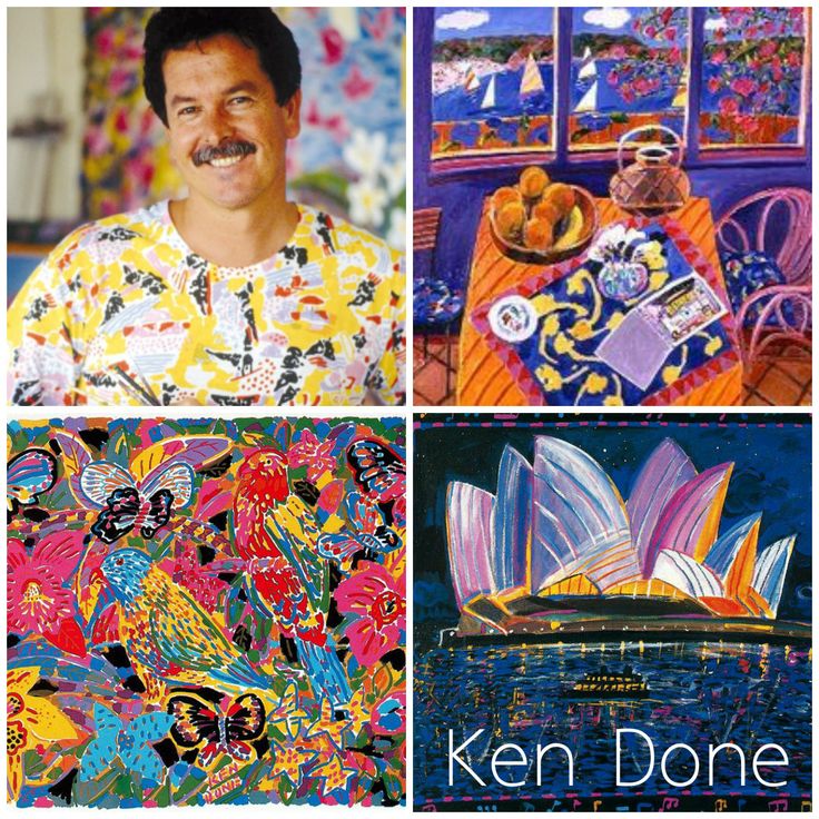 the cover of ken donee's book, featuring images of colorful paintings and artwork