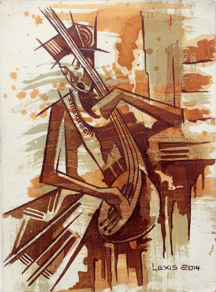 an abstract painting of a man playing the guitar in brown and orange tones with white background