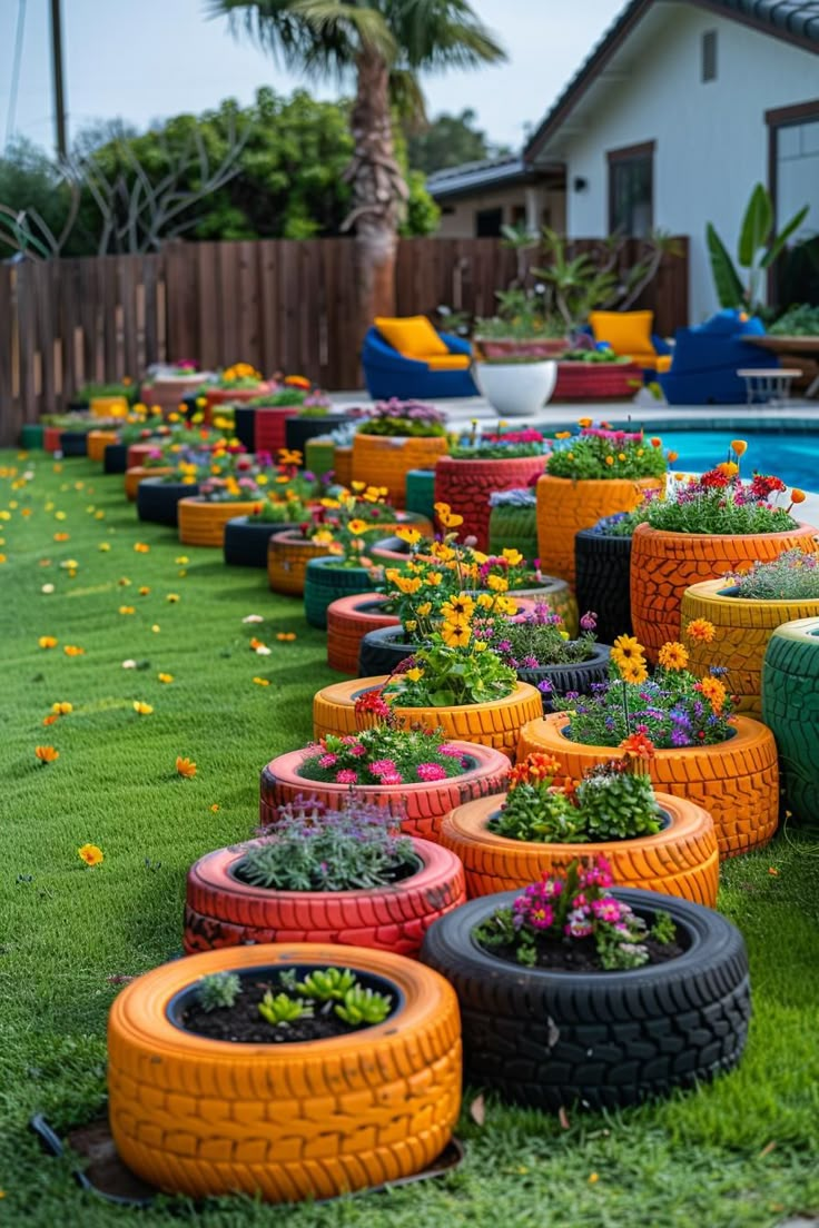 colorful tires are lined up on the grass near a swimming pool and lawn with flowers in it