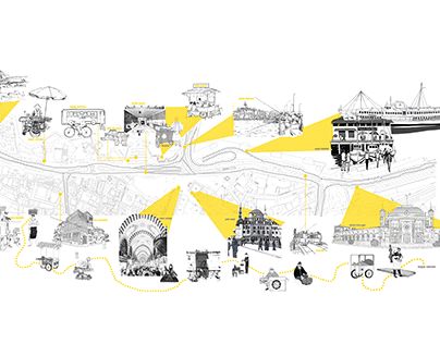 an illustrated map with many different types of vehicles and people around it, all in black and yellow