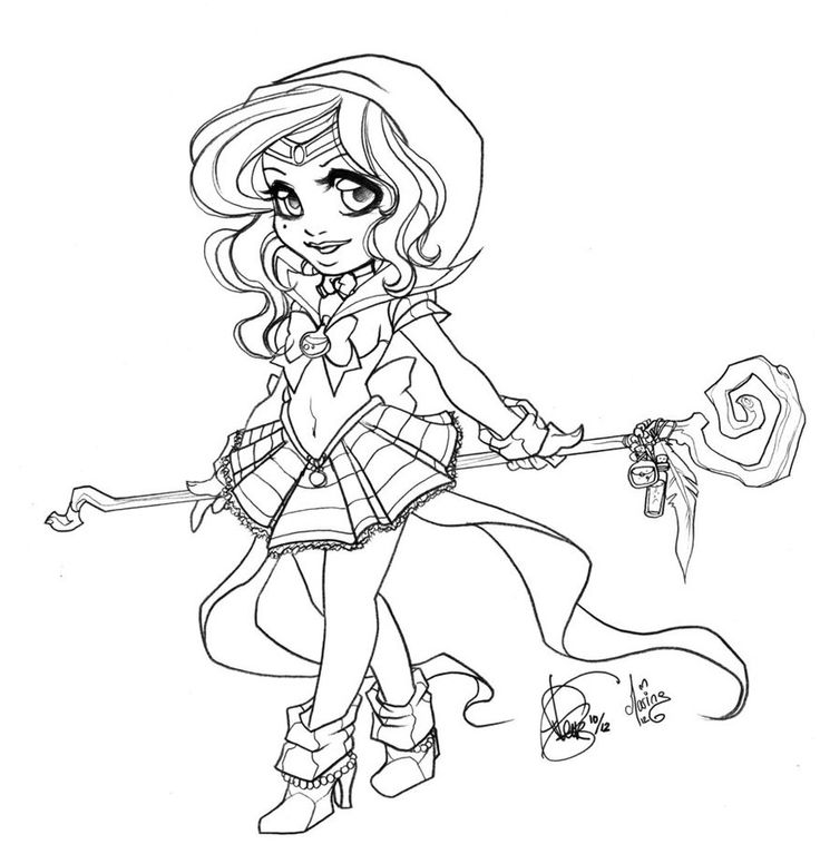 a drawing of a girl with long hair and boots holding a wand in her hand