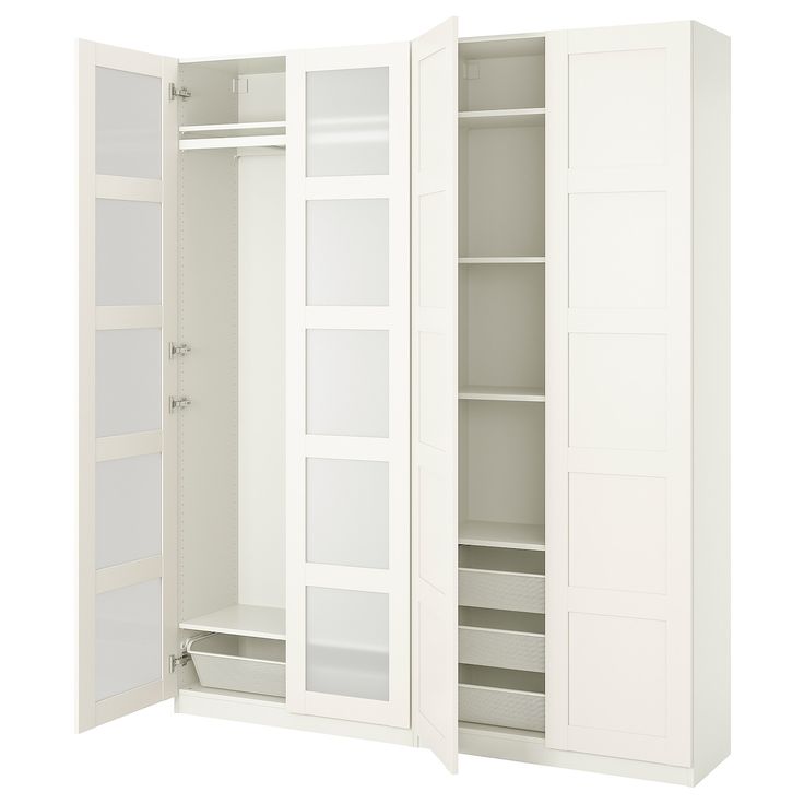 an open closet with white doors and shelves on both sides, showing the bottom section