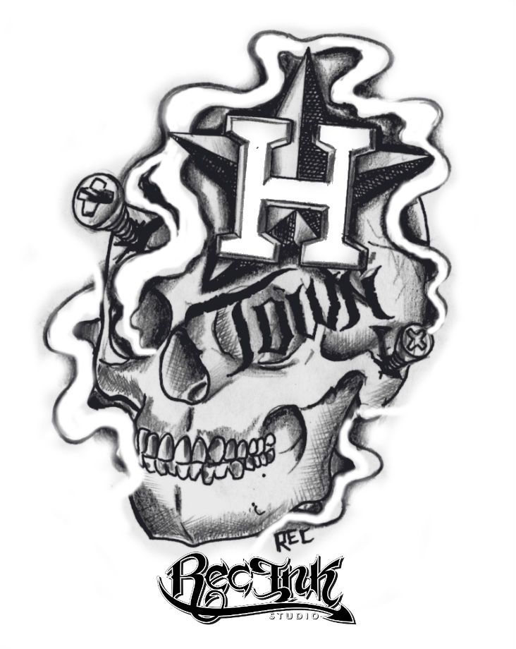 a drawing of a skull with the letter h on it