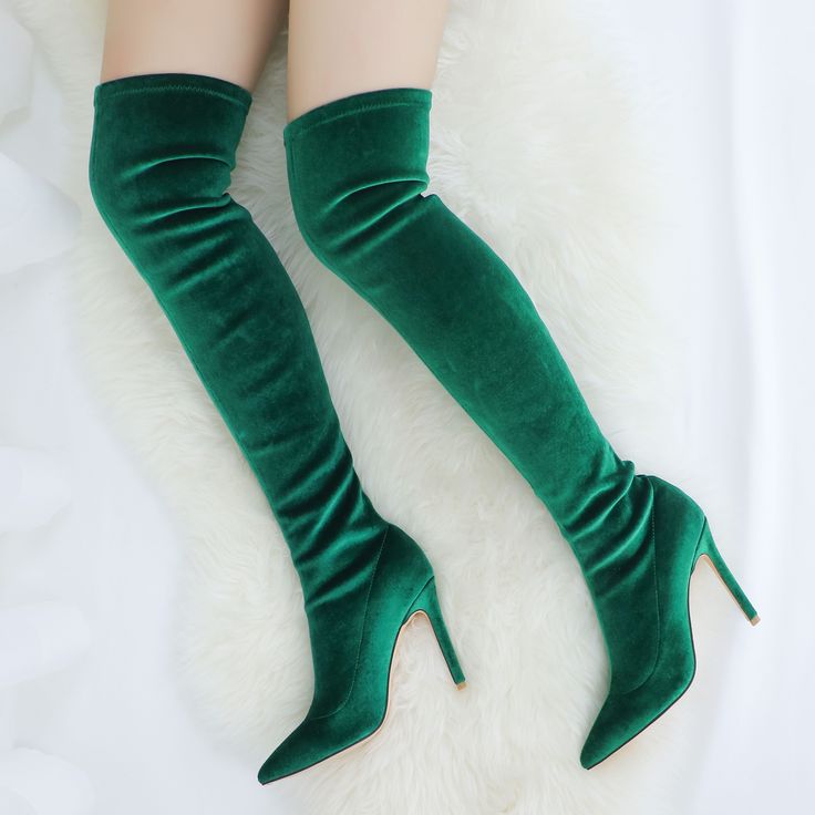 Women's Fashion Velvet Green Boots Over Knee Virgo Halloween, Green Thigh High Boots, Emerald Aesthetic, Dinner Shoes, Velvet Knee High Boots, Neon Prom Dress, Boss Shoes, Neon Prom Dresses, Footwear Ideas