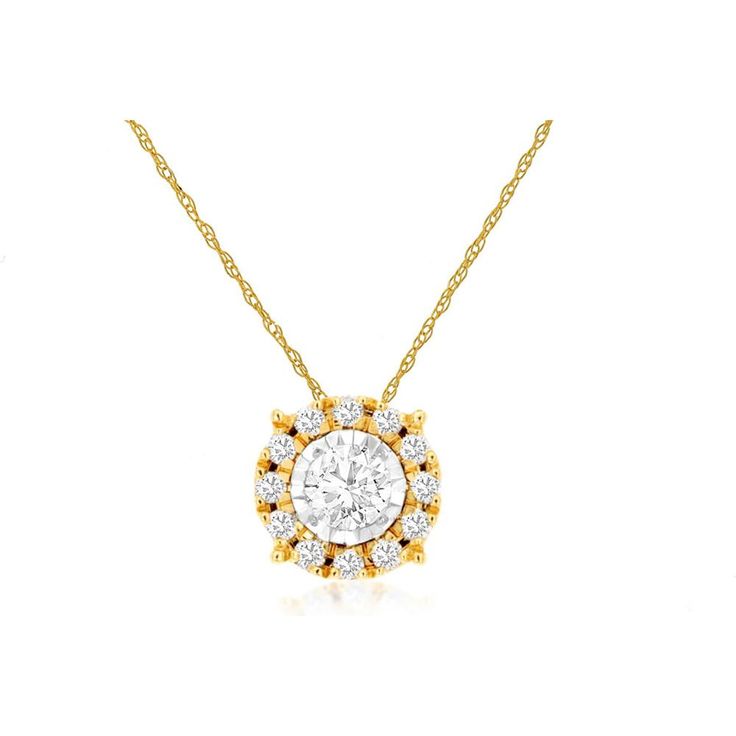 Royal 14K Yellow Gold Diamond Circle Halo Pendant with Round Brilliant Diamond - 0.25 Carat Total Diamond Weight Classic Diamond White Halo Necklace, Classic Diamond White Necklace With Halo Design, Elegant Diamond White Halo Diamond Necklace, Elegant Diamond White Necklace With Halo, Classic Diamond Necklace With Halo Detail, Elegant Diamond White Necklace With Halo Detail, Classic Diamond Halo Necklace, Formal Diamond White Necklace With Halo Design, Luxury Halo Setting Diamond Necklace For Anniversary