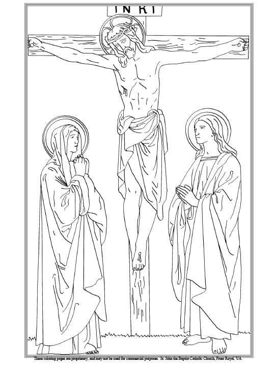 the crucifix with jesus and mary on it is outlined in black and white