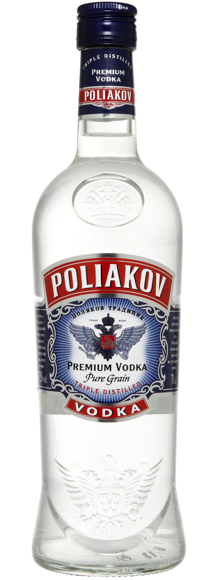 a bottle of polakov vodka on a white background with red and blue accents