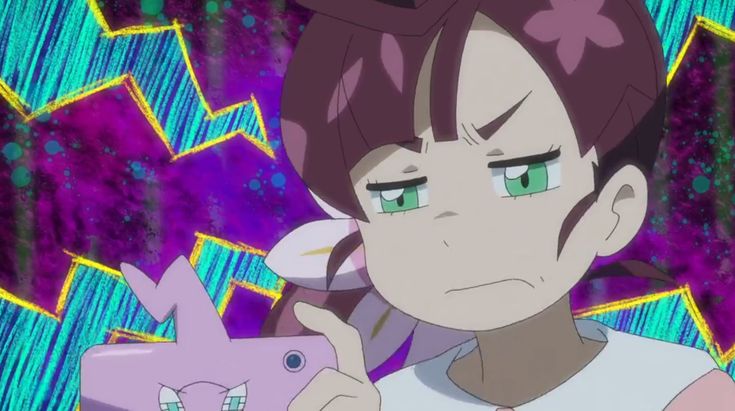 an anime character with green eyes holding a pink object