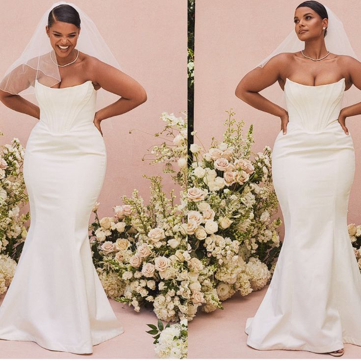 a woman wearing a wedding dress and veil standing in front of flowers with her hands on her hips