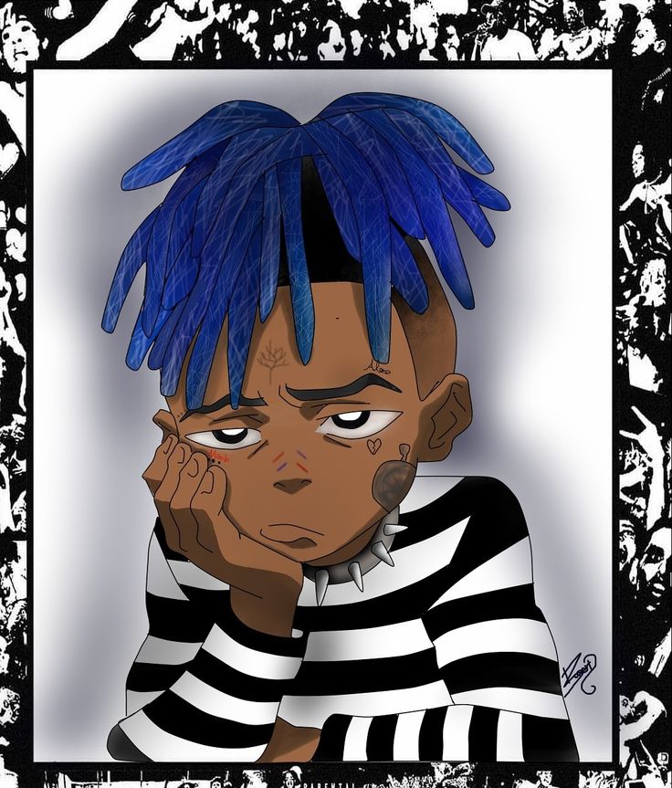 a drawing of a person with blue hair and black and white stripes on it's shirt