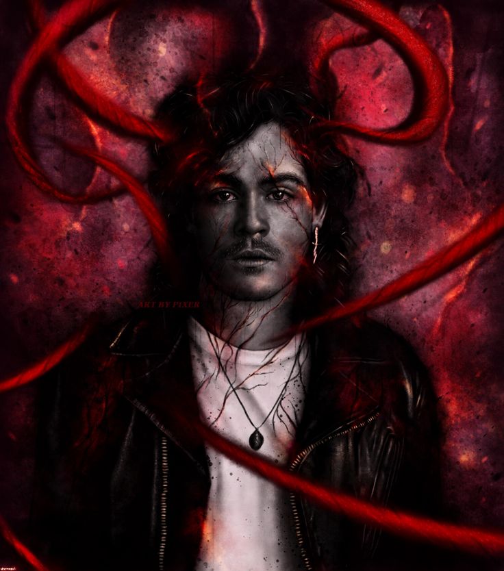 a painting of a man with long hair and piercings on his head, wearing a leather jacket