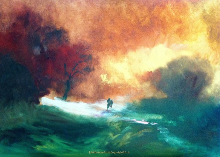 a painting of two people standing in the middle of a large body of water with red and yellow clouds