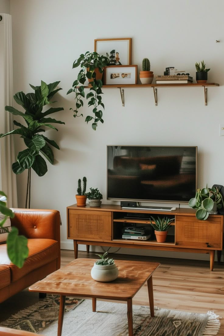 a living room filled with furniture and potted plants on top of wooden shelves above a flat screen tv