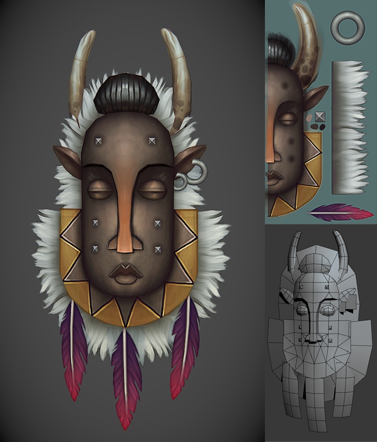 an image of a mask with horns and feathers on it's face in different angles