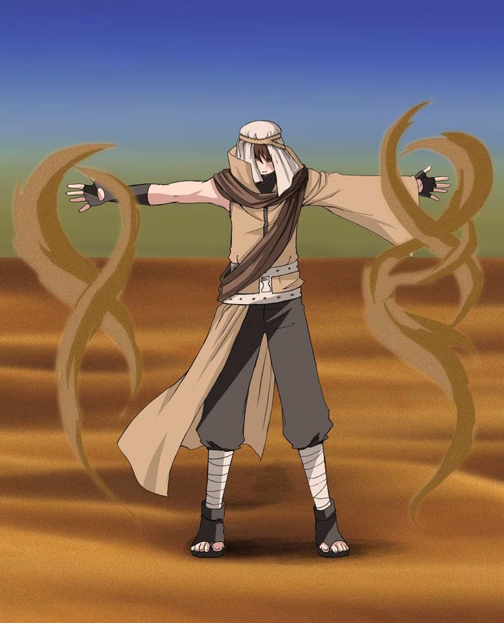 a cartoon character with his arms outstretched in the desert, wearing an outfit and scarf