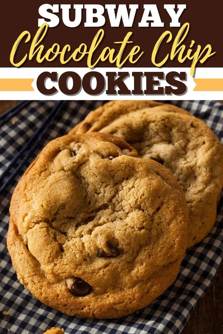 two chocolate chip cookies sitting on top of a blue and white checkered cloth with text overlay