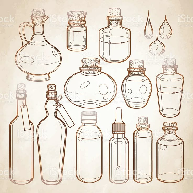 a collection of bottles with different shapes and sizes