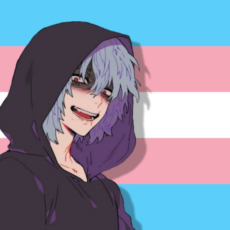 an anime character with purple hair wearing a black hoodie and sunglasses, standing in front of a pink and blue striped background