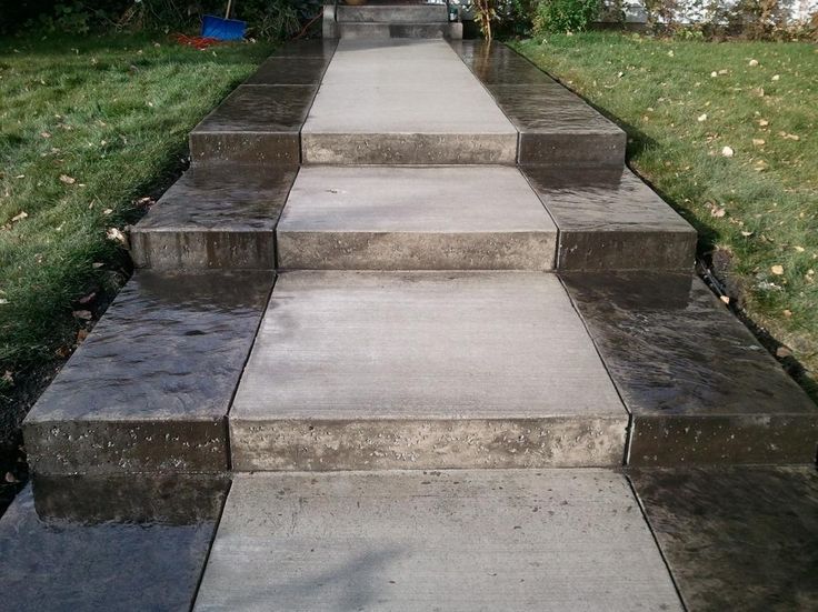 concrete steps lead up to the front door of a house with grass and trees in the background