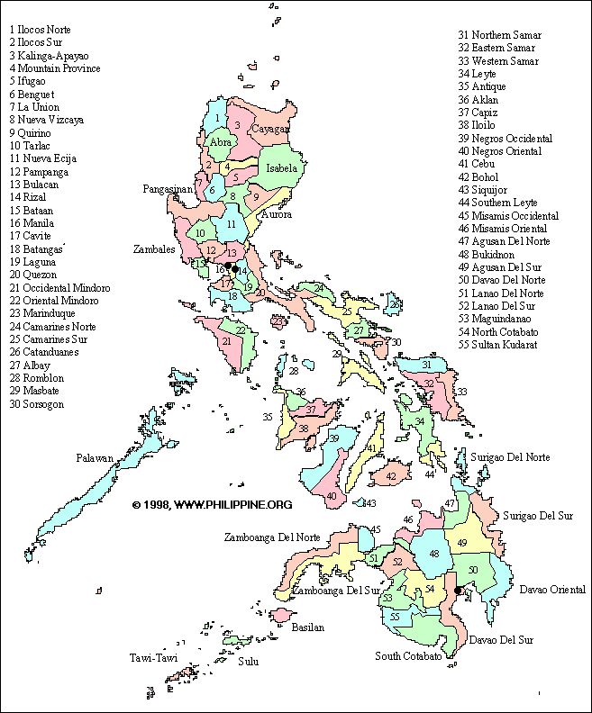 a map of the philippines with all its major cities and their respective towns in red