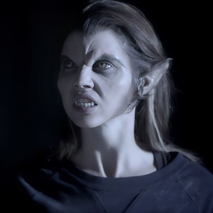 a woman with black makeup and green eyes is looking at the camera while wearing an elf's head