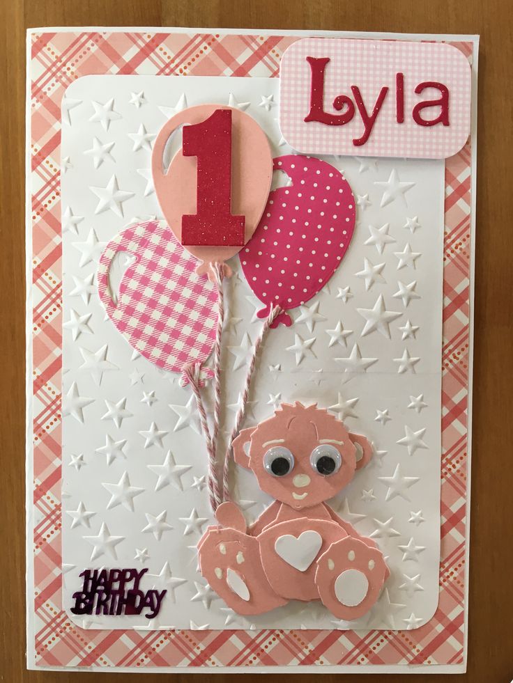 a birthday card with a teddy bear holding balloons and the number 1 on it's side