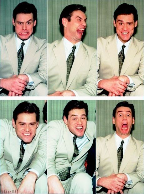 multiple shots of a man in a suit and tie making funny faces with his hands