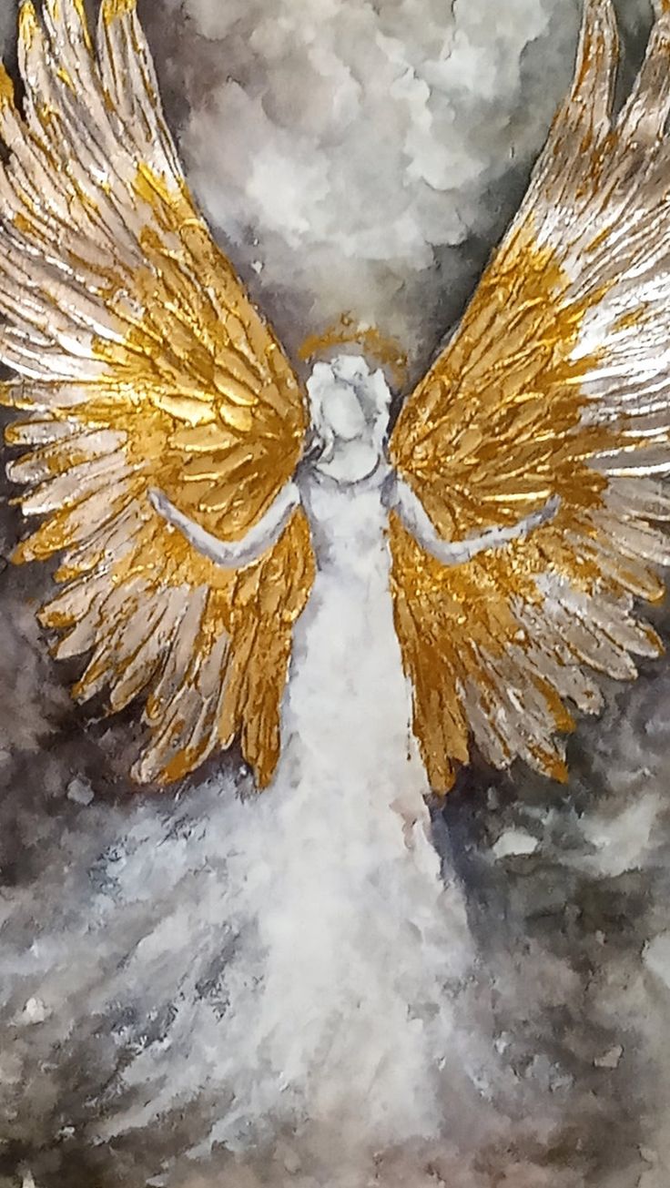 an angel painting with gold and white wings