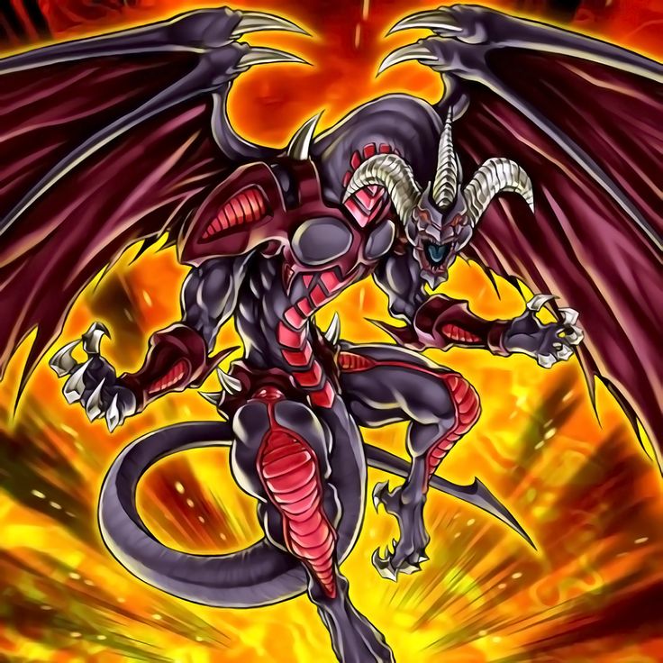 a dragon with red and black wings on it's back, standing in front of flames