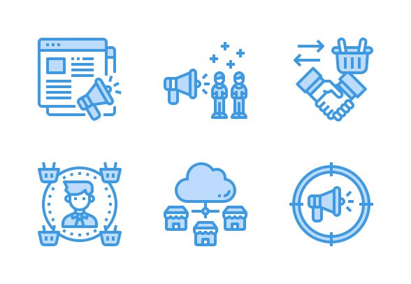 blue line icons on white background including people, clocks and other things that are related to the internet