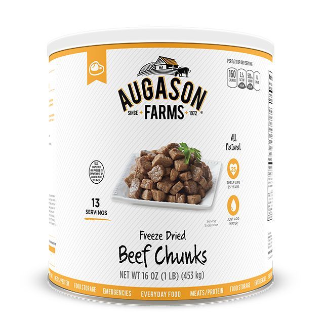 an open can of beef chunks on a white background with the words aquason farms