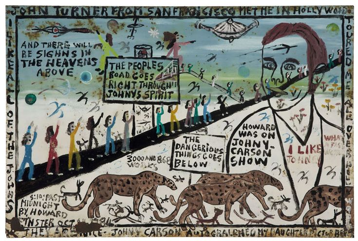 a painting with many people and animals on the side of a road that has writing all over it