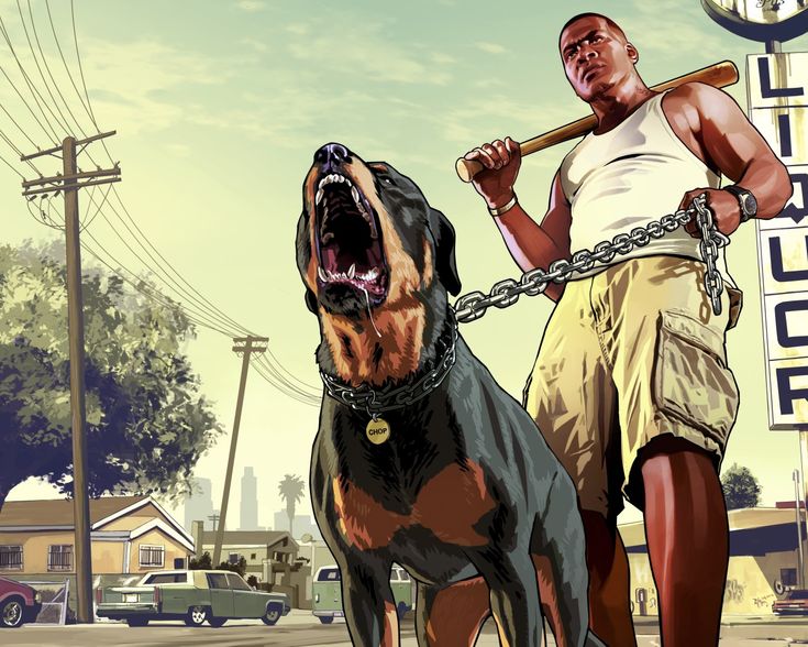 a man holding a baseball bat next to a black and brown dog on a street