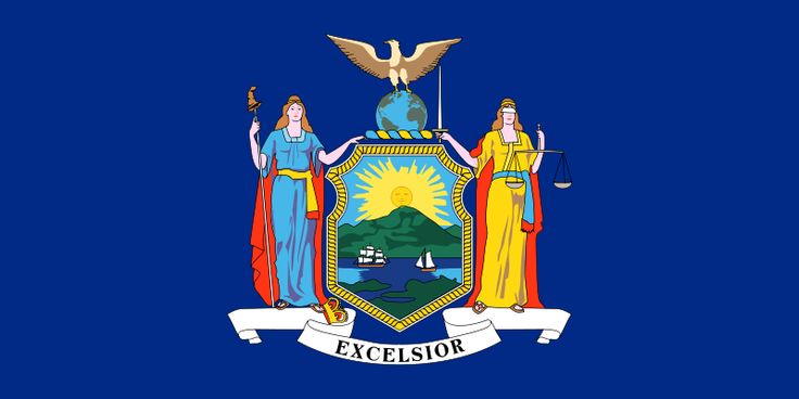 the flag of the state of new york, with three women in blue dresses and one woman