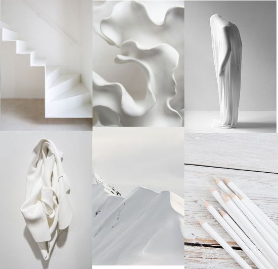 several white objects are arranged in a collage, including a sculpture and pencils