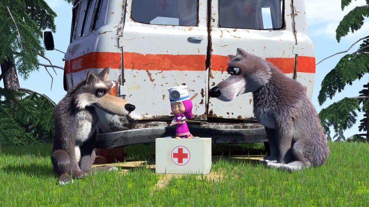 three stuffed animals are sitting in front of an old truck and another animal is on the ground