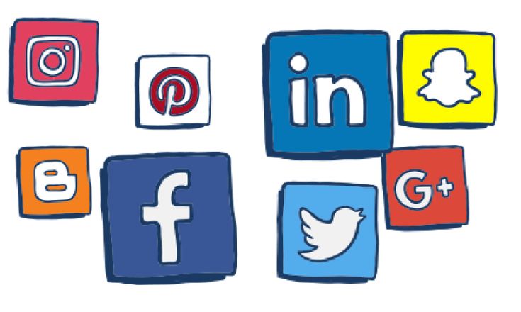 social media icons are arranged in squares on a white background with blue, red and yellow colors