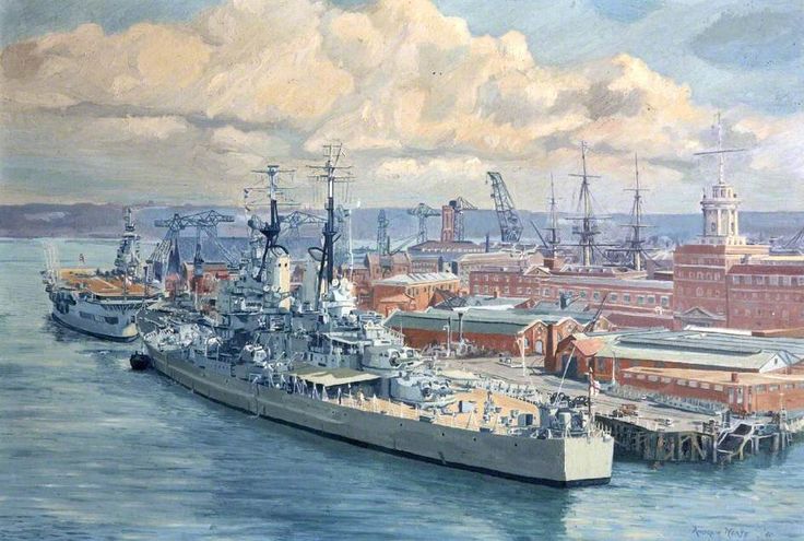 an oil painting of a naval ship docked in the water with other ships and buildings behind it