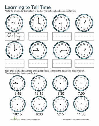 telling time worksheet for kids to learn how to tell the time on clocks