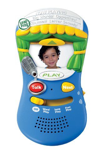 a blue and yellow radio with a child's face in the front, on display