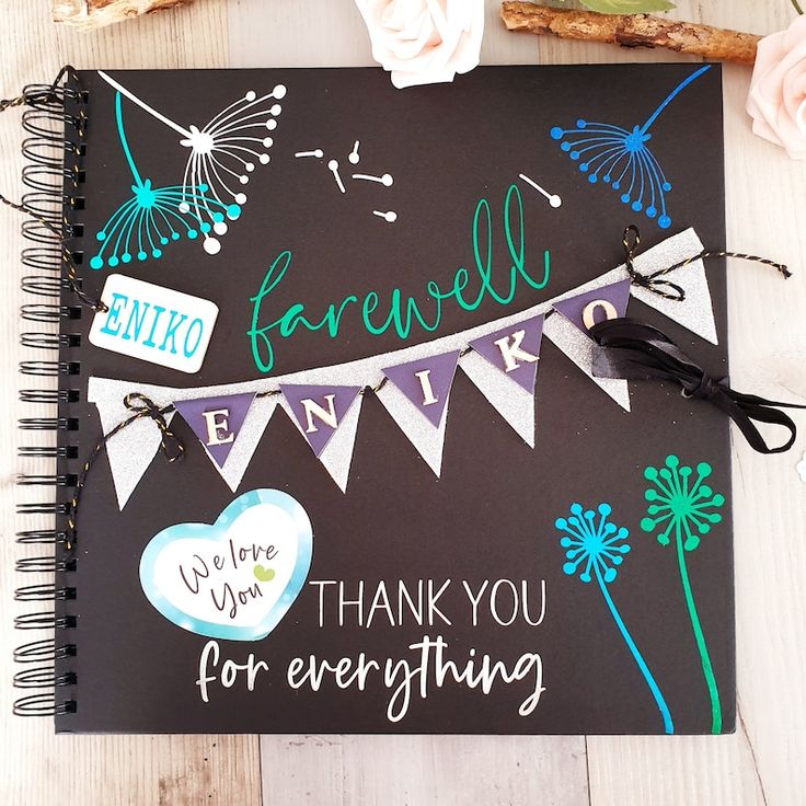 a note book with an image of flowers and bunting on the cover that says farewell henry