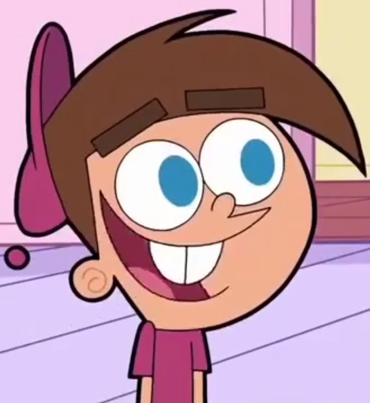 a cartoon character with big blue eyes and brown hair is smiling at the camera while standing in front of a pink wall