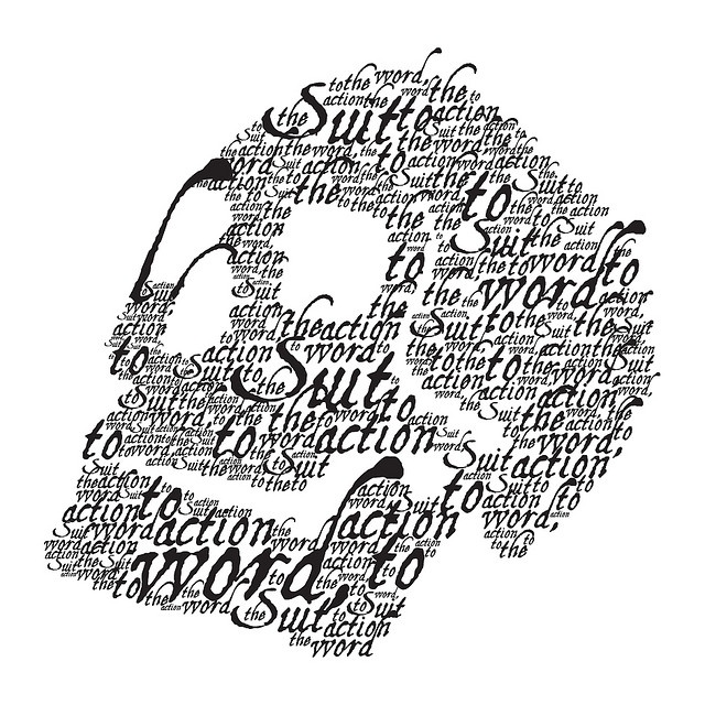 a black and white drawing of a man's face with words all over it