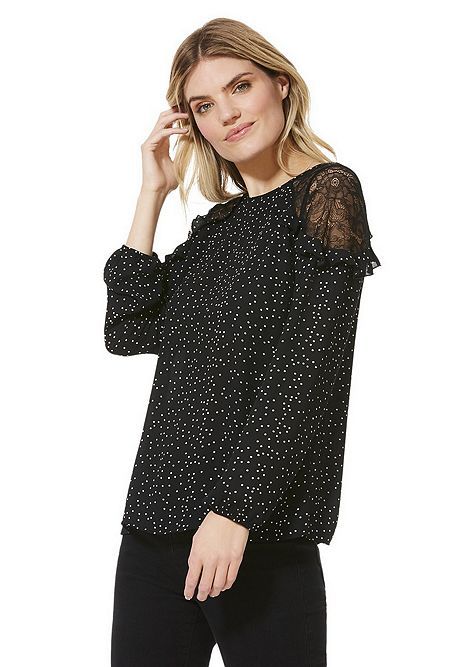 Tesco direct: F&F Spotty Ruffle Lace Detail Top Polka Dot Top, Lace Detail, Mesh Top, The Uk, Latest Fashion, Fashion Outfits, Lace, Clothes For Women, Women's Top