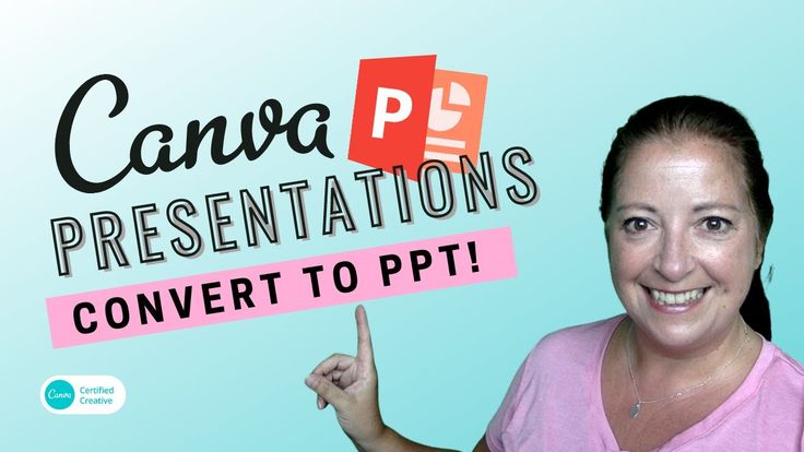 a woman pointing to the right with text that reads canva presentations convert to ppt