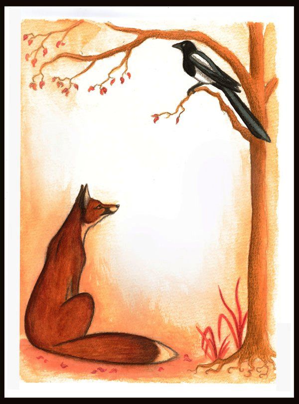 a drawing of a fox and a bird sitting in the woods next to each other