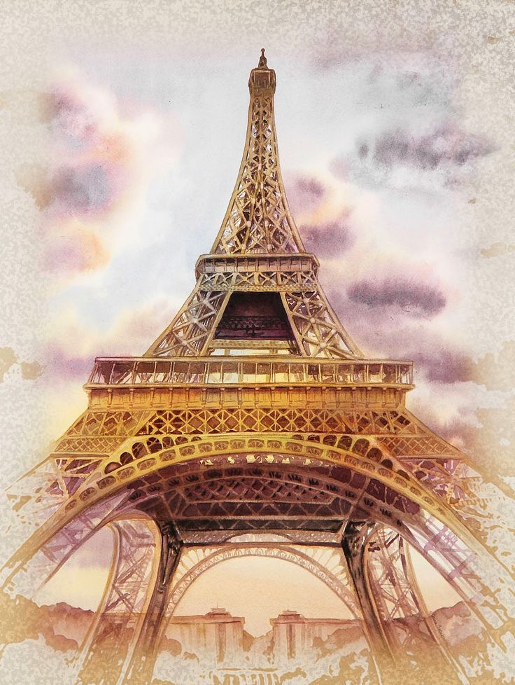 a painting of the eiffel tower in paris, france with purple clouds overhead