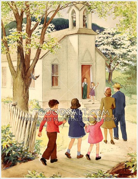 children are walking towards a church with an adult and child in the foreground holding hands