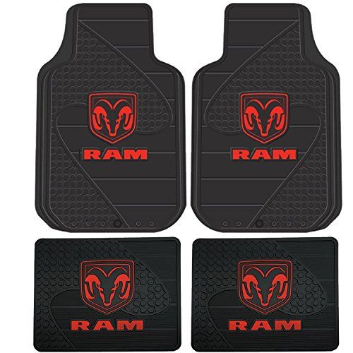 the ram logo is shown in red on black floor mats for car or truck, set of 4